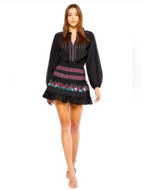MISA Los Angeles Manuela Black Embroidered Floral Eyelet Ruffle Mini Dress